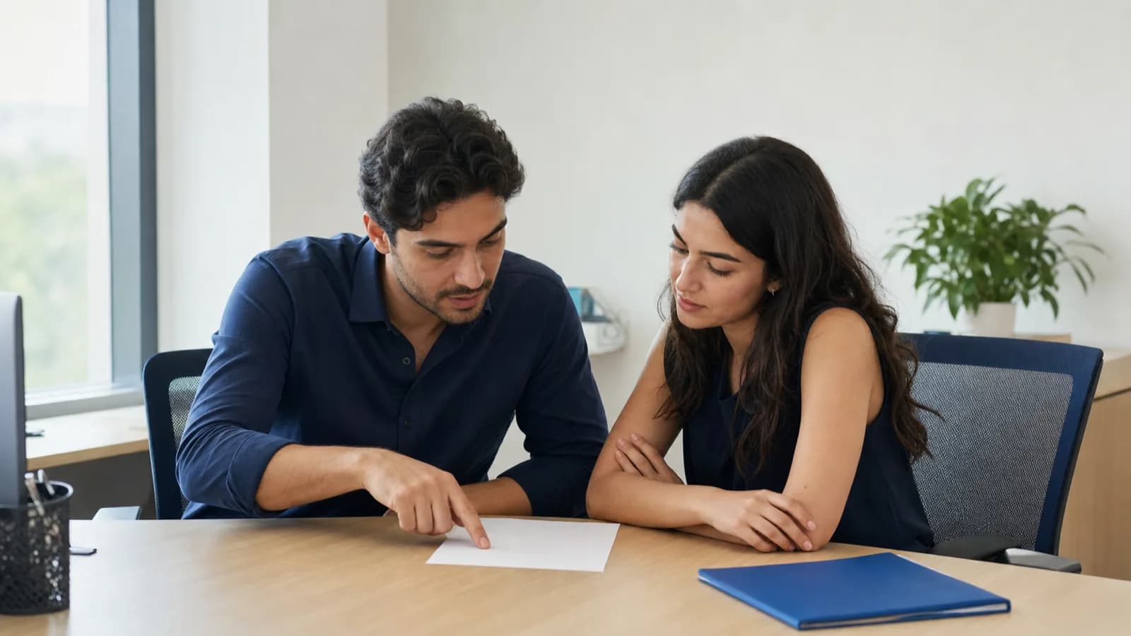 Ofis masasında iki kişi tek bir çıktıya birlikte bakıyor, biri sayfanın bir satırını gösteriyor