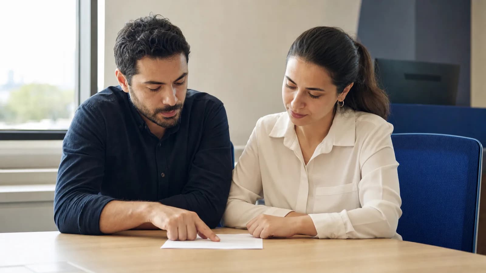 Two people at a meeting table, one pointing at a single line on the printed page between them