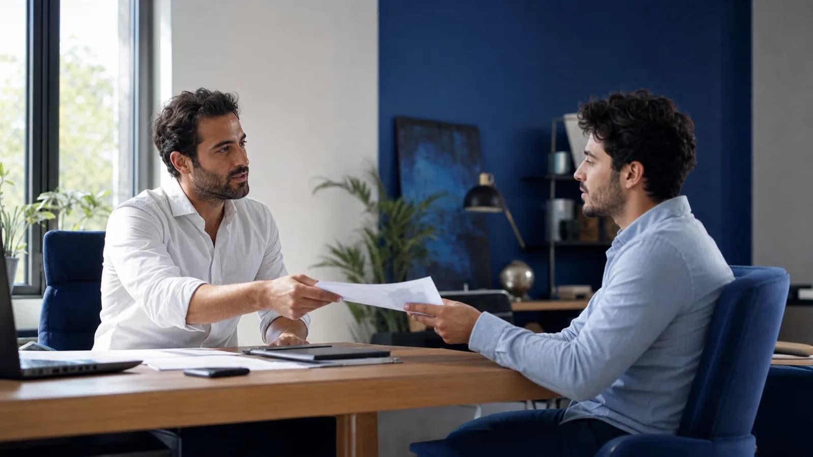 Two people sitting across an office desk, one talking while handing the printed page to the other