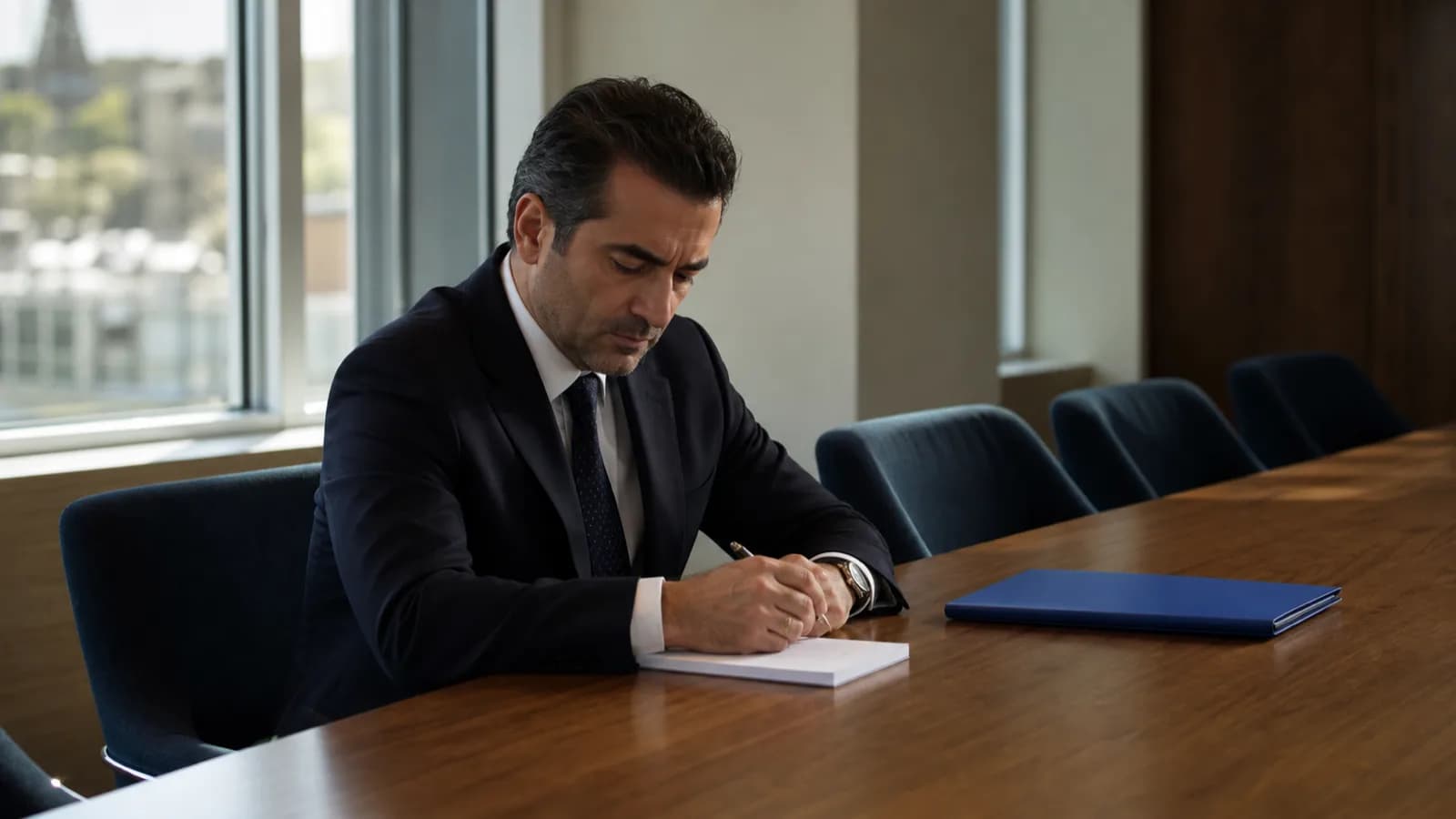 Toplantı masasında tek başına oturmuş, önündeki notlara dikkatle bakan bir kişi.