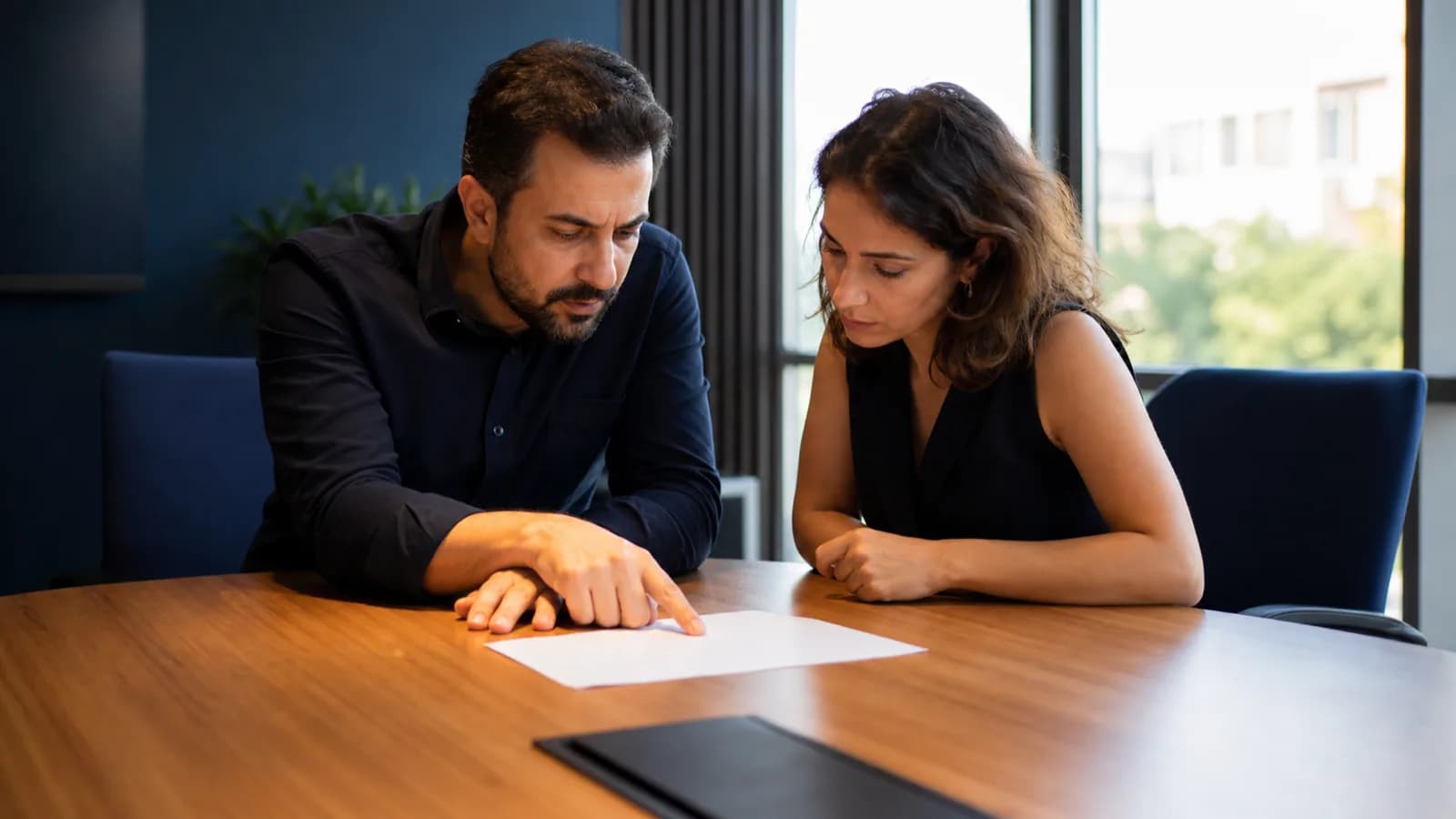 Two people leaning over a single printed page at a meeting table, one of them pointing at a line on it.