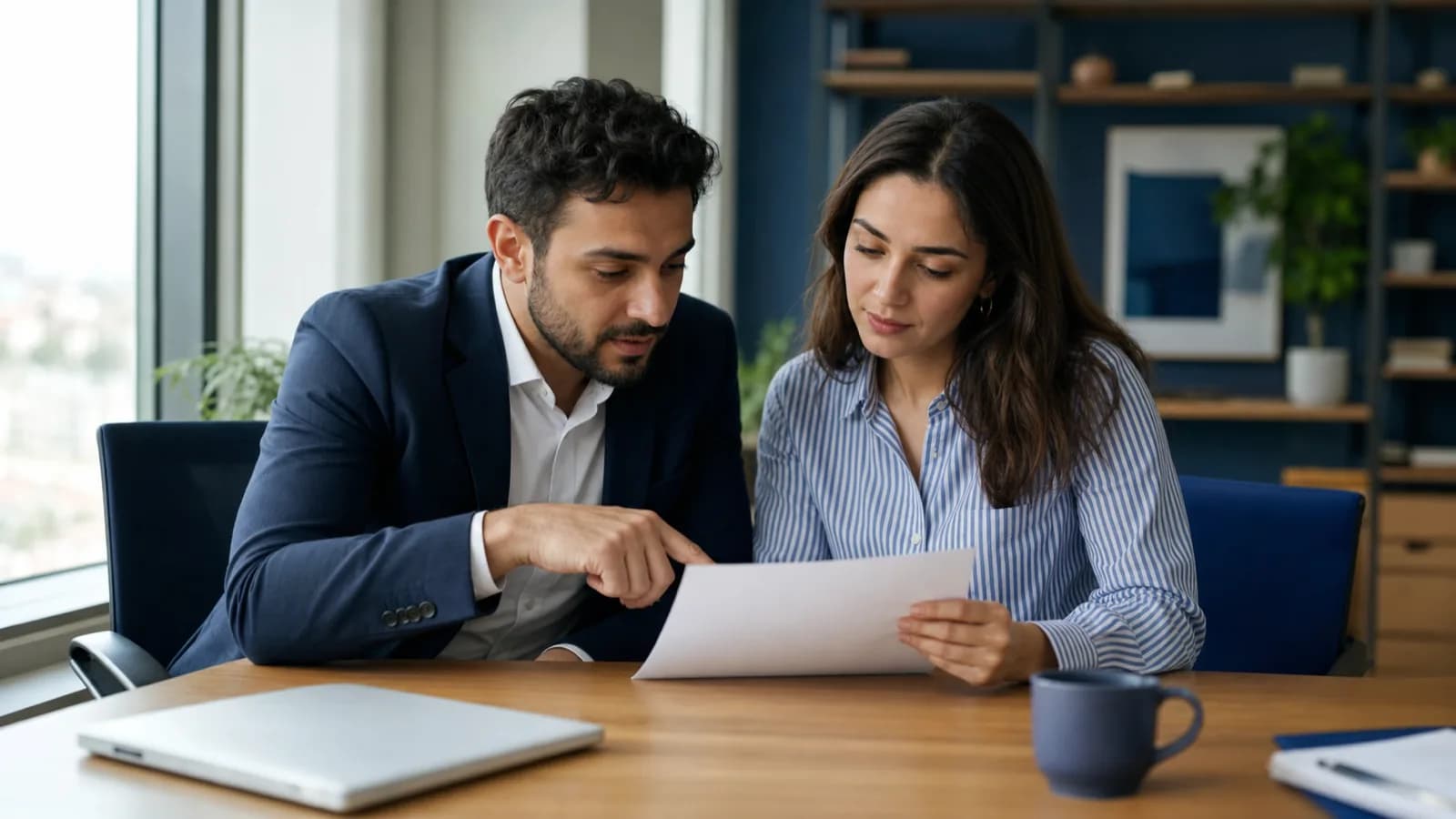 Two people at an office desk leaning over a single printed page