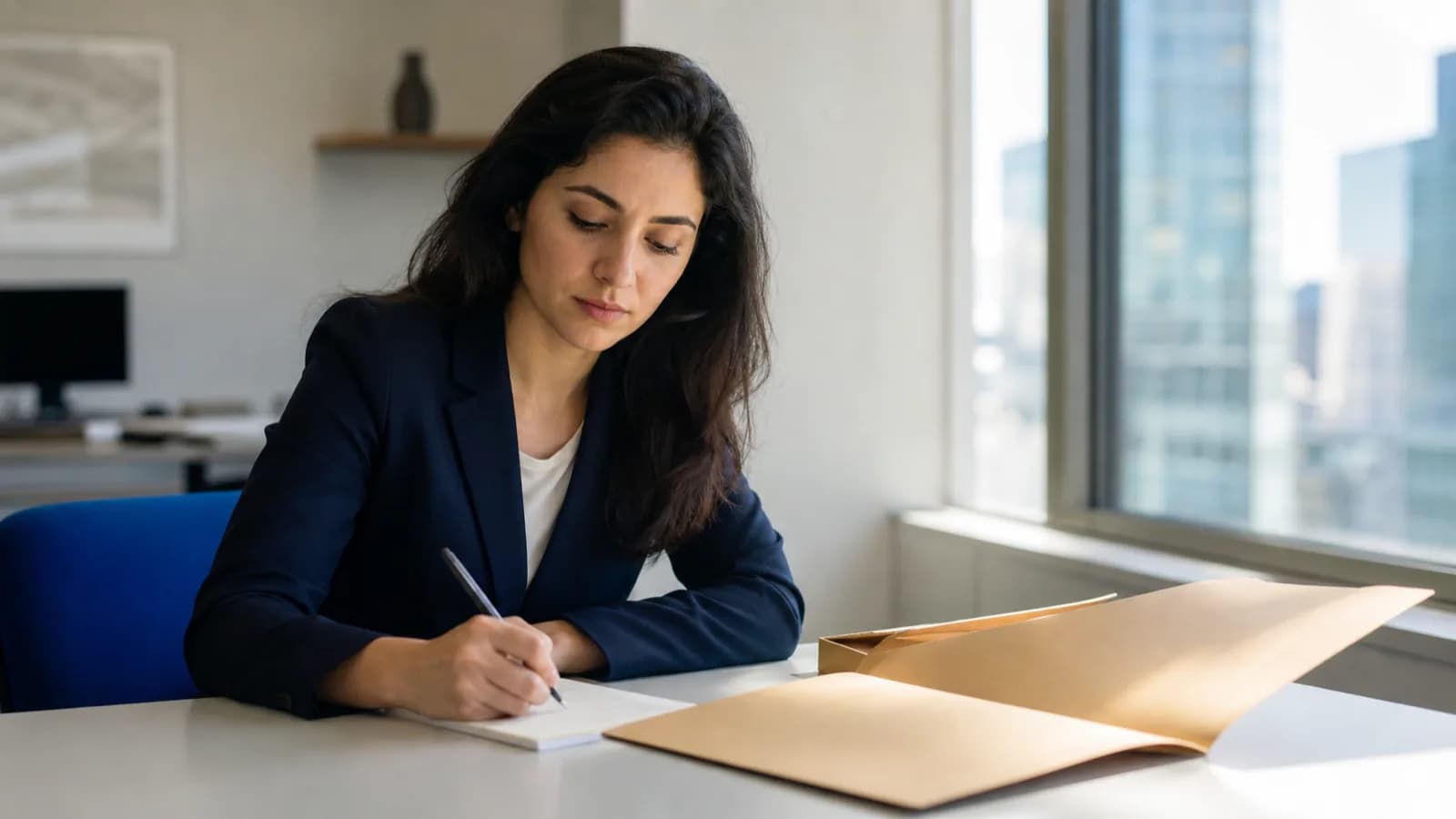 A young woman taking notes from an open folder at a desk lit by window light