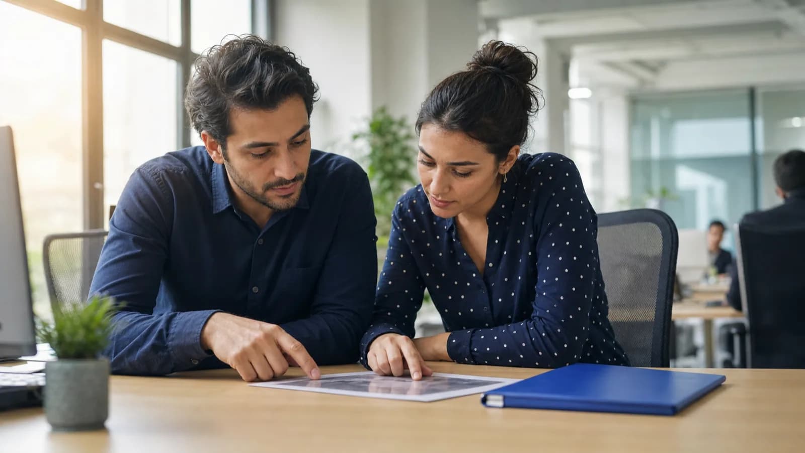 Two people sitting side by side at an office desk, leaning over the printed page between them and tracing a line with a finger