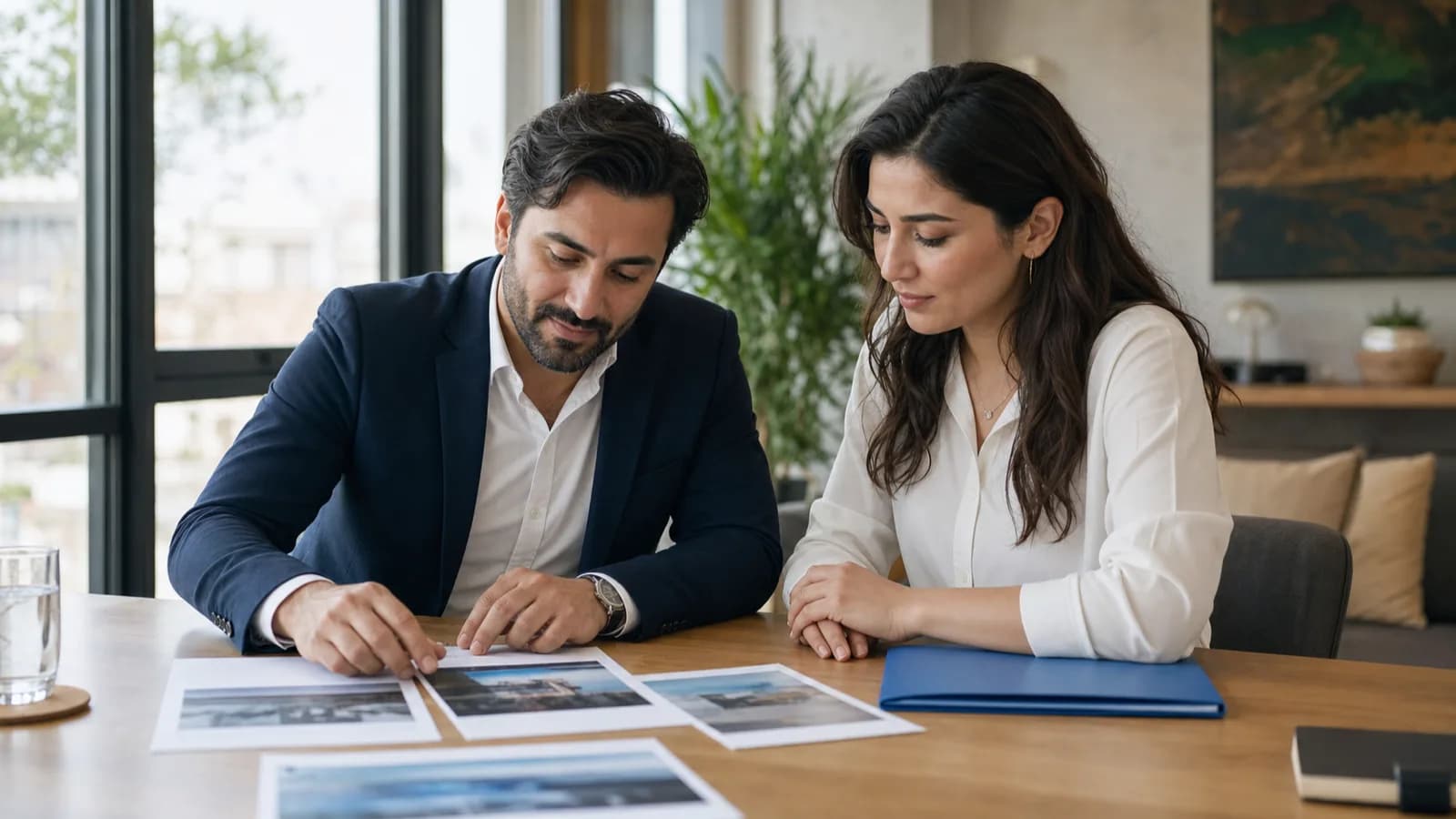 Two people at a meeting table placing one of the printed pages in front of them next to another to compare