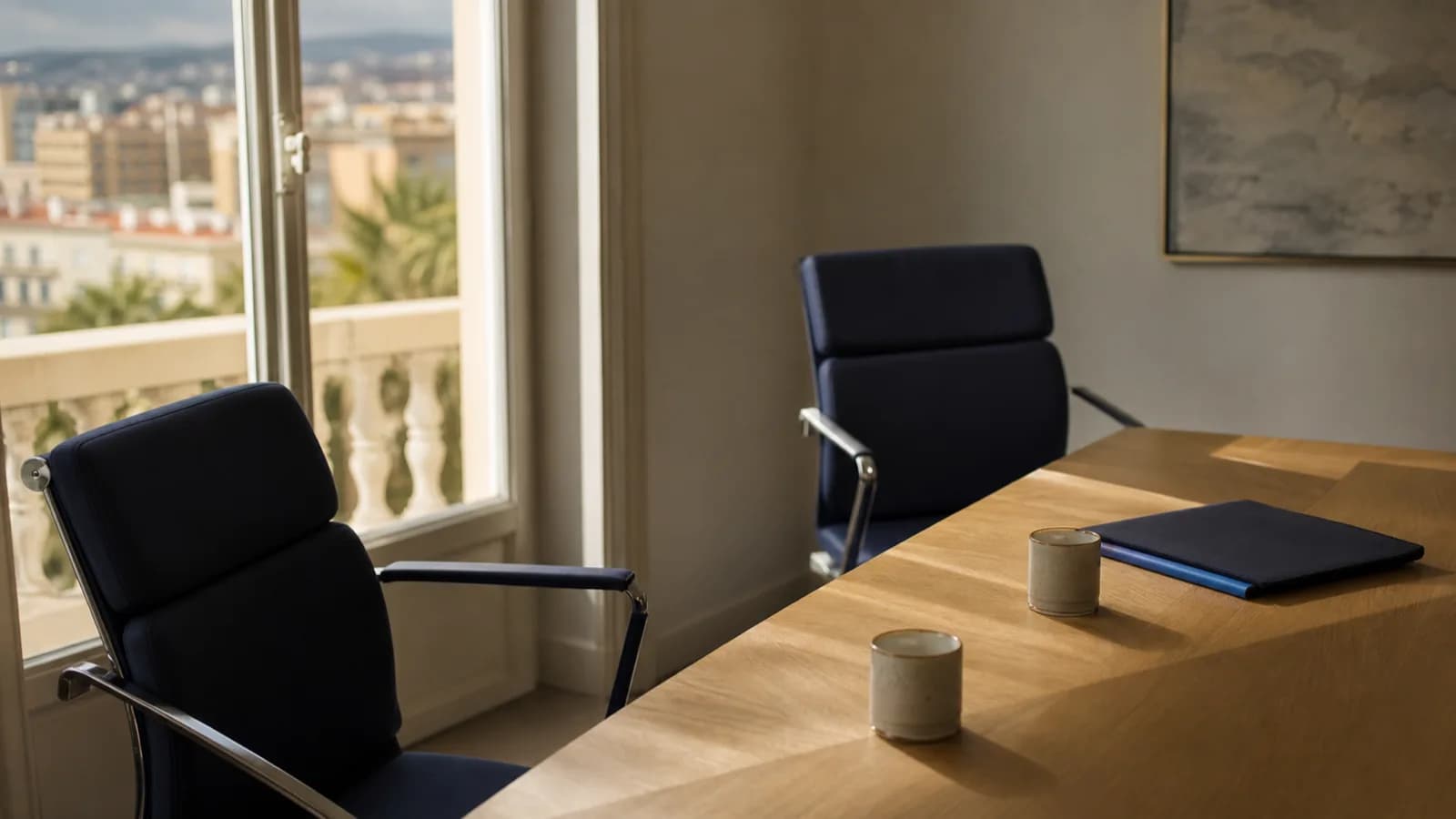 Chairs pushed back in a meeting room after a conversation has ended, two coffee cups left on the table