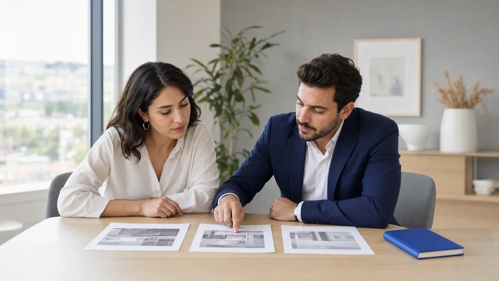 Two people sitting side by side at an office desk, looking at three printed pages laid out separately in front of them