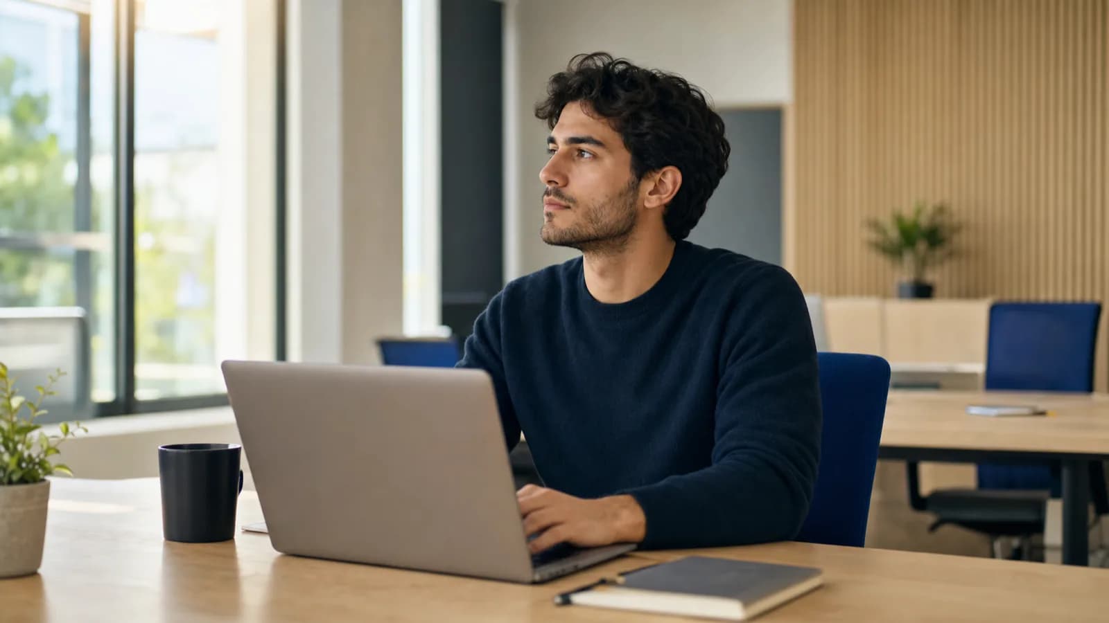 A young man paused at his laptop at a sunlit desk, hands over the keyboard, eyes drifting to the window