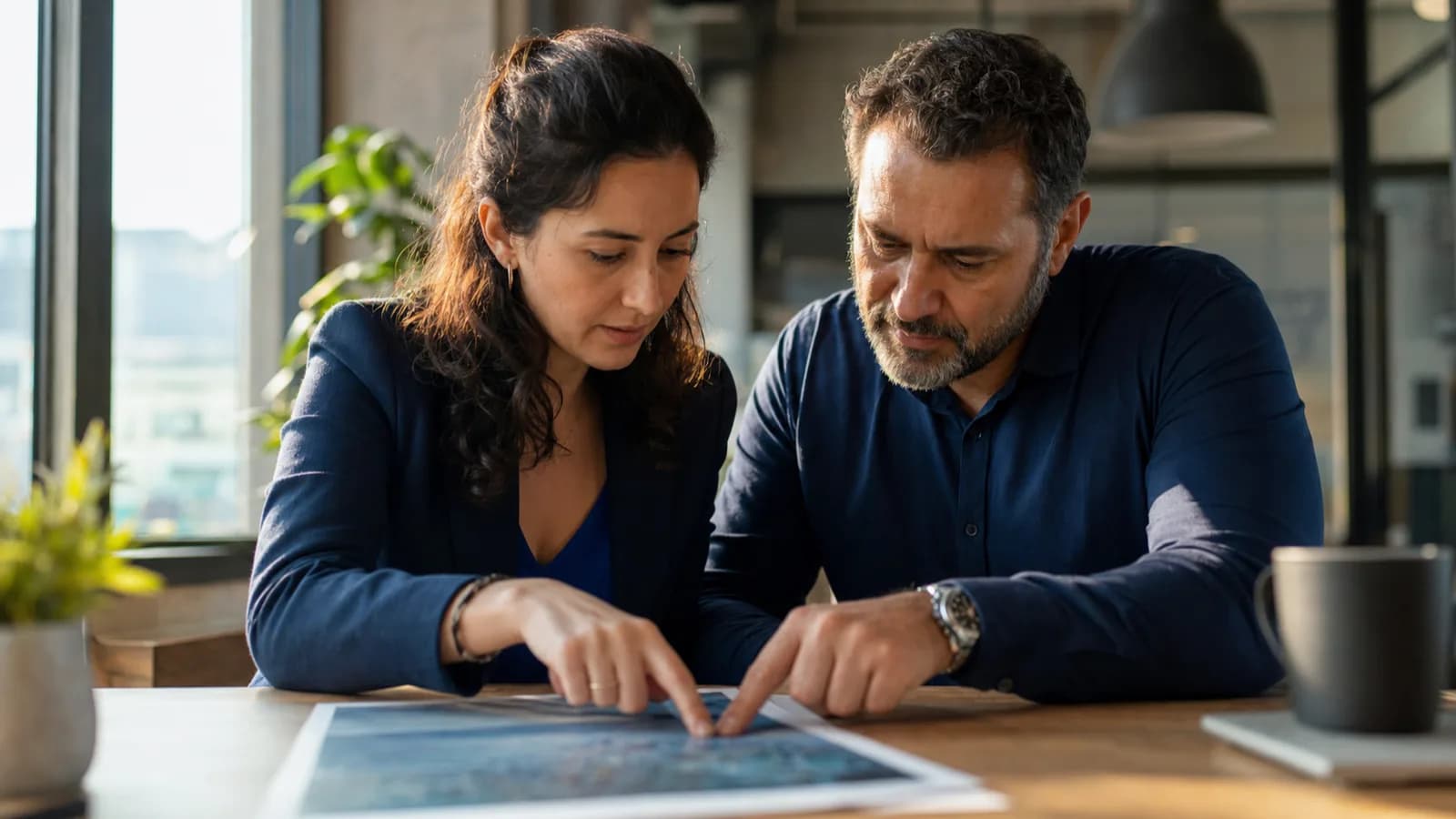 Two people sitting side by side at an office desk, both leaning over the same printed page, one pointing at a line with a finger