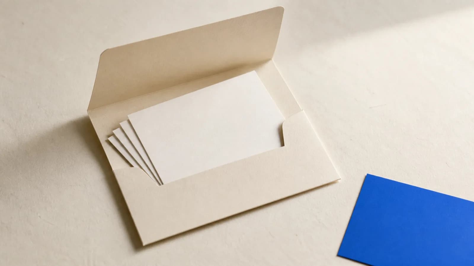 Cards arranged inside an open paper folder, with a single cobalt blue card left outside it at the edge